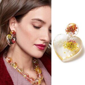 New Lele Sadoughi Dried Pink/Yellow Allium Flowers Heart Shape Earrings NWT
